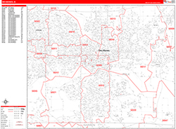 Des Moines Wall Map Zip Code Red Line Style 2026